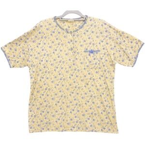 Vintage Yellow Floral Henley Sleep Shirt XL Short Sleeve Pocket Bow Detail
